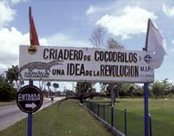 sign at a hatchery for an endangered species of crocodiles near the Zapata wetlands reserve