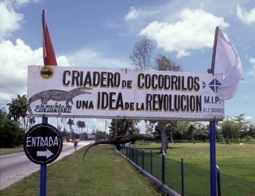 sign at a hatchery for an endangered species of crocodiles near the Zapata wetlands reserve